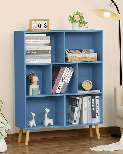 YAHARBO 7 Cube Bookshelf, Blue Kids Book Shelf with Cubby Storage,Wooden Modern Bookcase with Legs,3 Tier Freestanding Display Book Case,Children Toy Organizer,Bookshelves for Office,Nursery,Playroom - LeafyLoom