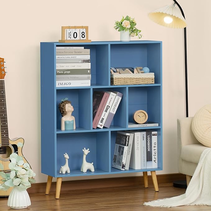 YAHARBO 7 Cube Bookshelf, Blue Kids Book Shelf with Cubby Storage,Wooden Modern Bookcase with Legs,3 Tier Freestanding Display Book Case,Children Toy Organizer,Bookshelves for Office,Nursery,Playroom - LeafyLoom