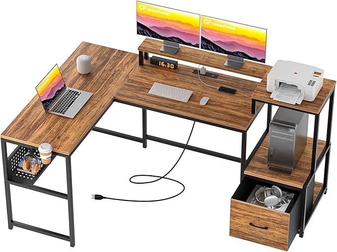 GreenForest 69 inch L Shaped Computer Desk with Drawers and Printer Stand, Gaming Desk with Power Outlet, Monitor Shelf, Storage Shelves and Hooks for Home Office Working, Writing, Studying, Walnut - LeafyLoom