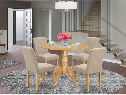 East West Furniture DLAB5-OAK-04 5 Piece Dinette Set for 4 Includes a Round Dining Room Table with Dropleaf and 4 Light Tan Linen Fabric Parsons Dining Chairs, 42x42 Inch, Oak - LeafyLoom