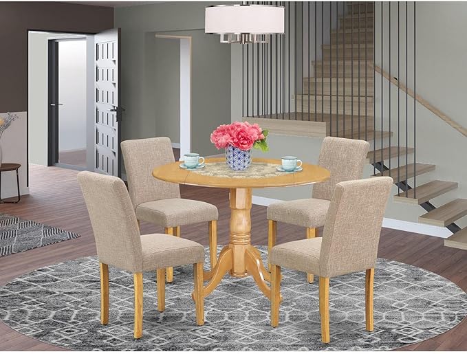 East West Furniture DLAB5-OAK-04 5 Piece Dinette Set for 4 Includes a Round Dining Room Table with Dropleaf and 4 Light Tan Linen Fabric Parsons Dining Chairs, 42x42 Inch, Oak - LeafyLoom