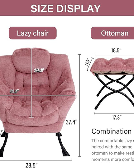 LITA Lazy Chair with Ottoman, Modern Accent Leisure Upholstered Sofa Chair, Lounge Reading Chair with Armrests and a Side Pocket for Living Room, Bedroom & Small Space, Plush Dark Pink - LeafyLoom