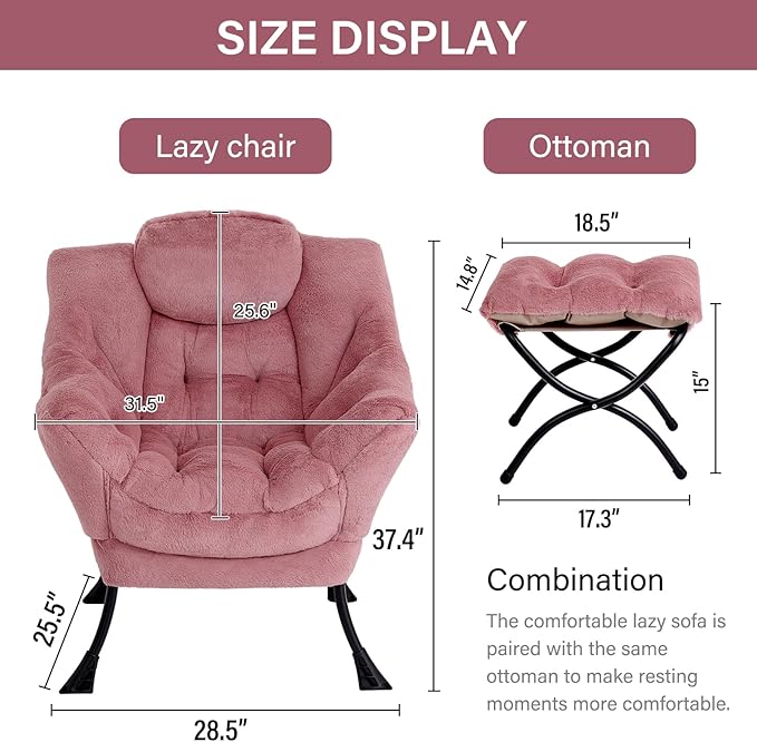 LITA Lazy Chair with Ottoman, Modern Accent Leisure Upholstered Sofa Chair, Lounge Reading Chair with Armrests and a Side Pocket for Living Room, Bedroom & Small Space, Plush Dark Pink - LeafyLoom