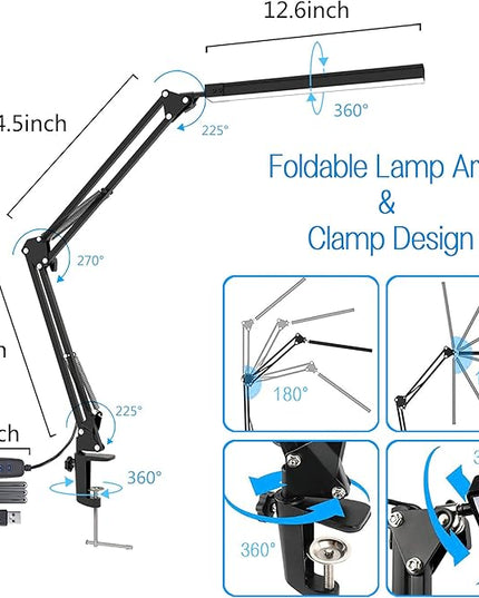 LED Desk Lamp, Swing Arm Desk Light with Clamp, 3 Lighting 10 Brightness Eye-caring Modes, reading desk lamps for home office 360°Spin with USB Adapter & Memory Function black-14W - LeafyLoom