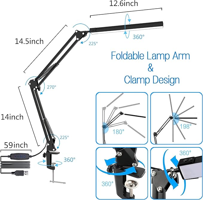 LED Desk Lamp, Swing Arm Desk Light with Clamp, 3 Lighting 10 Brightness Eye-caring Modes, reading desk lamps for home office 360°Spin with USB Adapter & Memory Function black-14W - LeafyLoom