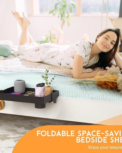 SPACELEAD Bedside Shelf for Bed – College Dorm Room Clip On Nightstand with Cup Holder & Cord Holder -Tray Table Caddy for Students – Bunk Bed Shelf for Organizer Top for Bedroom (Black，Plastic) - LeafyLoom
