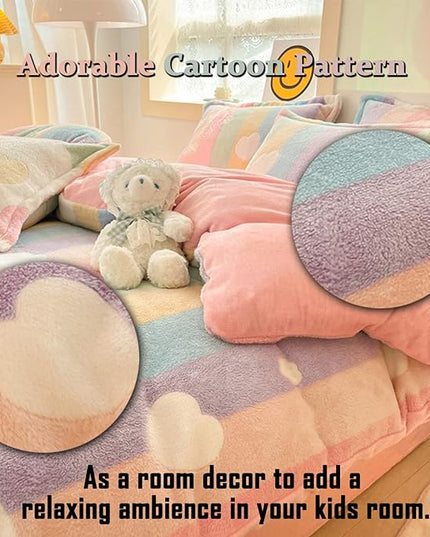 MorroMorn Pink Duvet Cover Queen, Rainbow Bedding Sets, Fluffy Comforter Covers Set, Down Alternative Blanket Ultra Soft Kawaii Cute for Girls Kids Teen Women Full Double Size - LeafyLoom