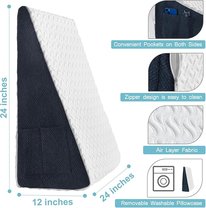 12" Bed Wedge Pillow with Cooling Memory Foam Top for Headboard, Triangle Pillow for Sleeping to Relieve Acid Reflux, Heartburn, Snoring and GERD, Reduce Neck and Back Pain - LeafyLoom