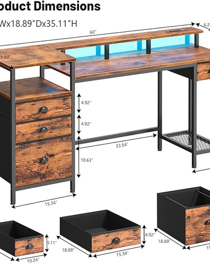 Furologee Computer Desk with Drawers, 60" Office Long Desk with Fabric File Cabinet and Power Outlets, Gaming Desk with LED Lights, Study Writing Work Desk for Home Office, Rustic Brown - LeafyLoom