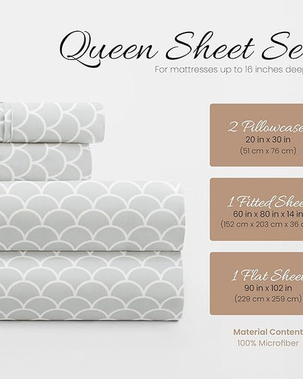 Linen Market 4 Piece Queen Bedding Sheet Set (Gray Scallops) - Sleep Better Than Ever with These Ultra-Soft & Cooling Bed Sheets for Your Queen Size Bed - Deep Pocket Fits 16" Mattress - LeafyLoom