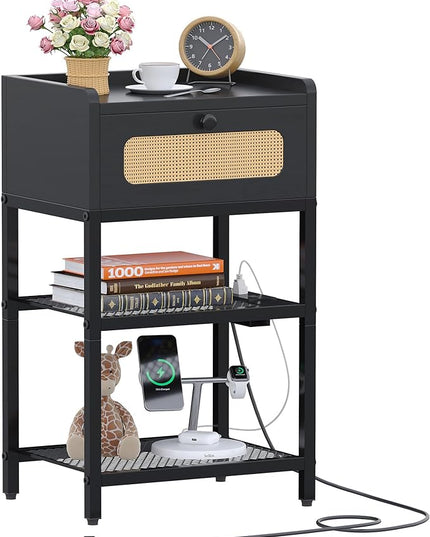 Night Stand, Side Table with Rattan Drawer, Nightstand with Charging Station, Industrial Bedside Table with 3-Tier Storage, Black JET003CB1 - LeafyLoom