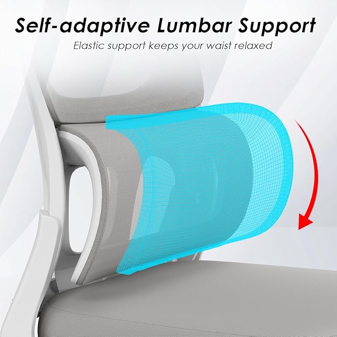 Soohow Ergonomic Home Office Chair, Mesh Desk Chair with Lumbar Support, Comfy Computer Desk Chair with Flip Armrest Rolling Wheels, Adjustable Headrest, Grey. - LeafyLoom