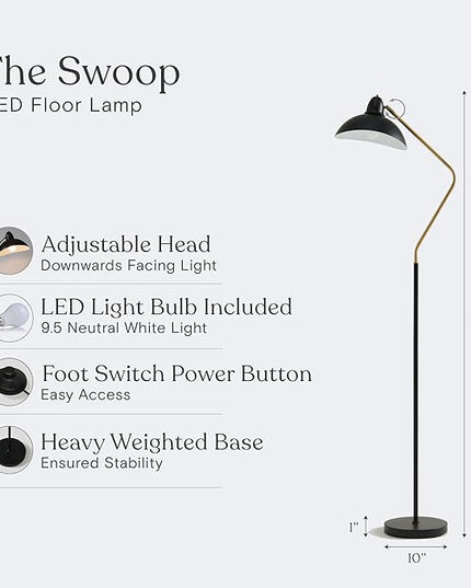 Brightech Swoop LED Floor Lamp, Tall Lamp with Adjustable Head, Modern Floor Reading Lamp for Over Chair, Living Rooms & Offices, Standing Lamp with Heavy Base for Bedrooms, Stunning Living Room Decor - LeafyLoom