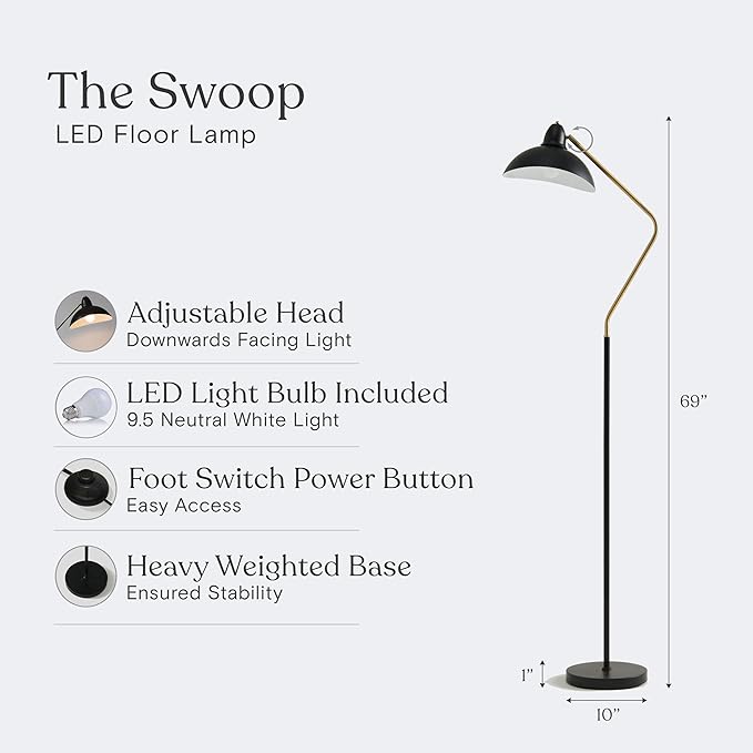 Brightech Swoop LED Floor Lamp, Tall Lamp with Adjustable Head, Modern Floor Reading Lamp for Over Chair, Living Rooms & Offices, Standing Lamp with Heavy Base for Bedrooms, Stunning Living Room Decor - LeafyLoom