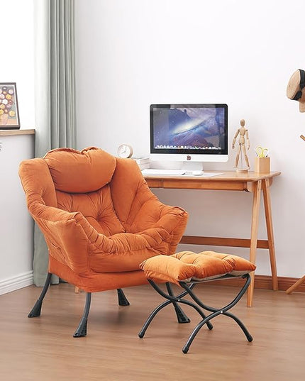 Lazy Chair and Ottoman, Large Accent Lounge Chair with Armrests and a Side Pocket, Modern Leisure Upholstered Sofa Reading Armchair with Footrest for Bedroom, Living Room, Dorm Rooms, Office - LeafyLoom