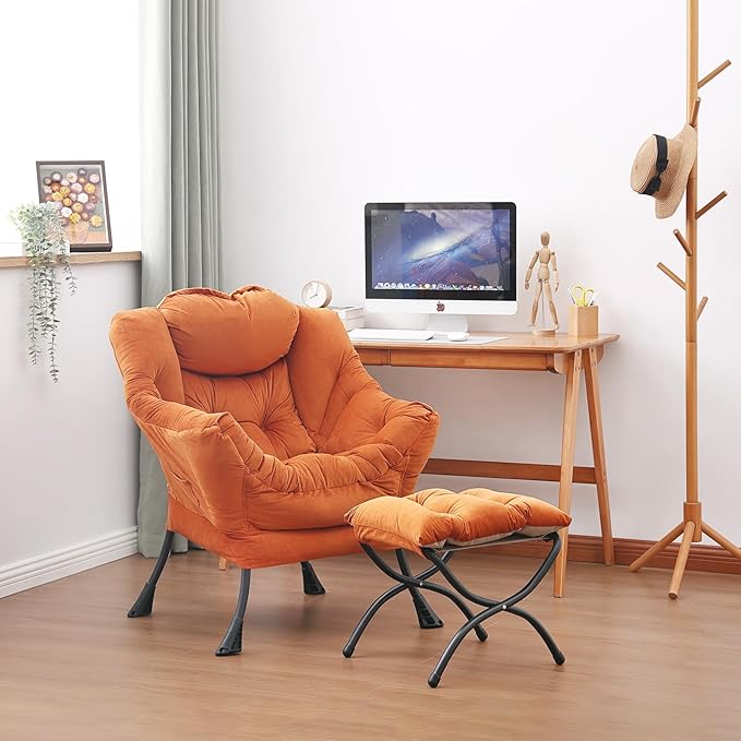Lazy Chair and Ottoman, Large Accent Lounge Chair with Armrests and a Side Pocket, Modern Leisure Upholstered Sofa Reading Armchair with Footrest for Bedroom, Living Room, Dorm Rooms, Office - LeafyLoom