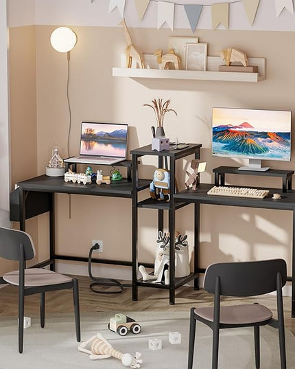 Furologee 2 Person Gaming Desk with LED Lights, 71 Inch Computer Desk with Power Outlets and Monitor Stand, Double Desk with Storage Bag and Headphone Hooks, Study Writing Table for Home Office, Black - LeafyLoom