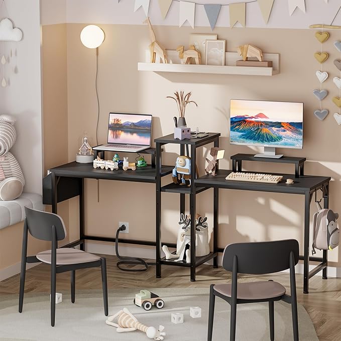 Furologee 2 Person Gaming Desk with LED Lights, 71 Inch Computer Desk with Power Outlets and Monitor Stand, Double Desk with Storage Bag and Headphone Hooks, Study Writing Table for Home Office, Black - LeafyLoom