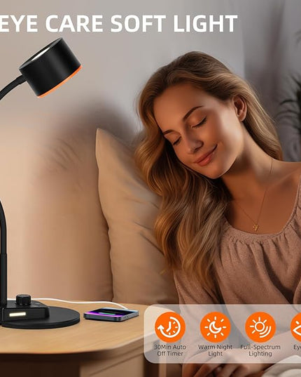 Desk Lamp, LED Desk Lamp with USB C + A Charging Ports, 5 Colors Fully Dimmable Eye Care Reading Lamp for Bedside Table Full Metal Efficient Gooseneck Table Lamp for Home Office Black - LeafyLoom