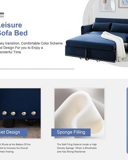 New Model 3-in-1 Sleeper USB Port Adjustable Velvet Convertible Sofa with Pull Out Bed, 2 Pillows & Side Pocket – Ideal for Living Room and Bedroom, Blue - LeafyLoom
