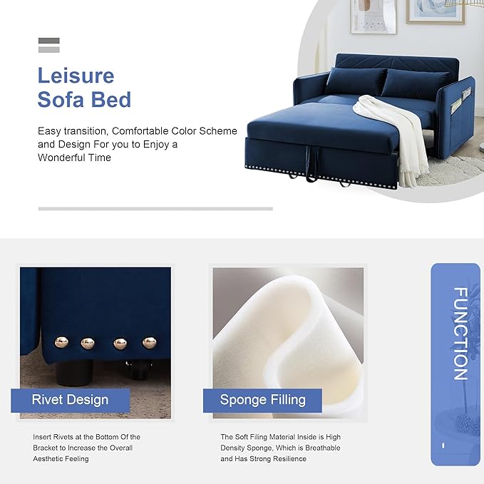 New Model 3-in-1 Sleeper USB Port Adjustable Velvet Convertible Sofa with Pull Out Bed, 2 Pillows & Side Pocket – Ideal for Living Room and Bedroom, Blue - LeafyLoom