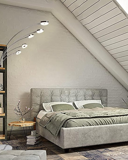 DINGLILIGHTING DLLT 5 Head Arc Floor Lamps for Living Room, Spider Lamps with 5 Adjustable Arms, Modern Tree Standing Lamp for Bedroom, Office, 3 Brightness Level, Warm White, Sliver - LeafyLoom