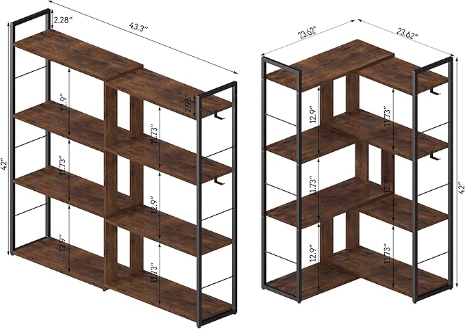 Corner Book Shelf 4 Tier Industrial BookShelf L Shaped Adjustable Bookcase Office Shelves Vintage Wooden Bookshelves for Living Room Bedroom library Rustic Brown - LeafyLoom