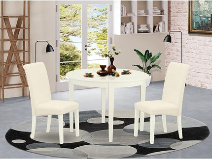 East West Furniture BOBA3-WHI-01 Boston 3 Piece Kitchen Set Contains a Round Dining Room Table and 2 Cream Fabric Upholstered Parson Chairs, Linen White, 42x42 Inch - LeafyLoom