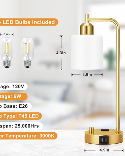 Innqoo Industrial Table Lamps for Bedroom Set of 2 - Fully Dimmable Bedside Lamps with USB Ports and Outlet, Gold Nightstand Lamps with Opal Glass Shade for Living Room, Desk Lamps for Office Reading - LeafyLoom