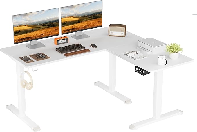 L-Shaped Electric Standing Desk, 63 x 48 Inches Height Adjustable Coner Table, Home Office Computer Workstation, White, 63 x 48 Inch - LeafyLoom