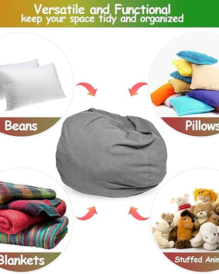 Premium Corduroy Stuffed Animal Storage Bean Bag Chair Cover (No Filler) for Organizing Plush Toys Or Textile Stuffable Bean Bag Sack for Adults Teens Children Lazy Chair Playroom Washable Cover - LeafyLoom
