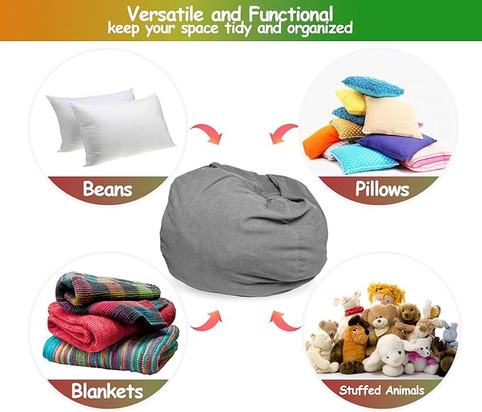 Premium Corduroy Stuffed Animal Storage Bean Bag Chair Cover (No Filler) for Organizing Plush Toys Or Textile Stuffable Bean Bag Sack for Adults Teens Children Lazy Chair Playroom Washable Cover - LeafyLoom