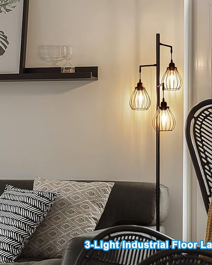 Lakumu Industrial Tree Floor Lamp for Living Room, with 3 Elegant Teardrop Cage Heads & ST58 Edison LED Bulbs, Sturdy Base Tall Vintage Pole Light Great for Farmhouse Rustic Bedroom Office - LeafyLoom