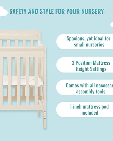 Aden 4-in-1 Convertible Mini Crib In French White, Greenguard Gold Certified, Non-Toxic Finish, New Zealand Pinewood, With 3 Mattress Height Settings - LeafyLoom