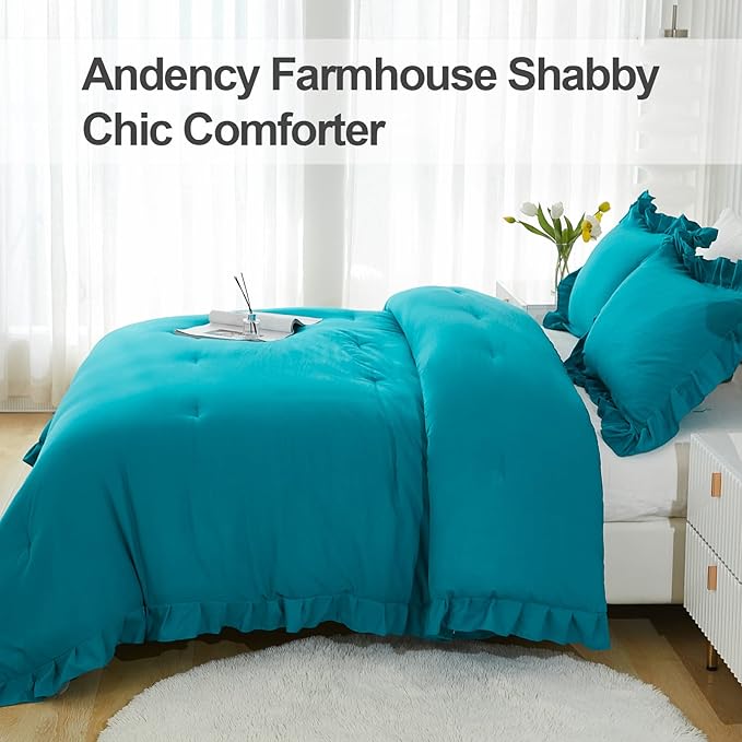Andency Turquoise Queen Comforter Set(90x90Inch), 3 Pieces(1 Ruffle Comforter and 2 Pillowcases) Solid All Season Comforter Sets for Queen Bed, Lightweight and Fluffy Soft Microfiber Bedding Set - LeafyLoom