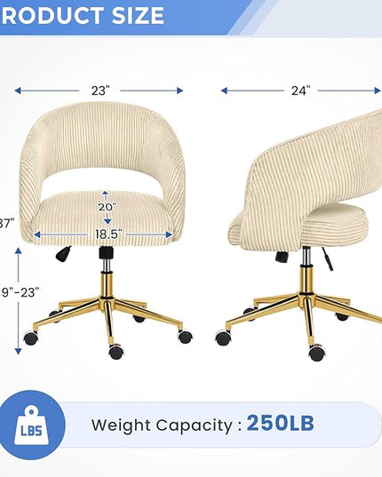 Home Office Chair, Corduroy Swivel Desk Chairs, Modern Computer Chair with Wheels and Gold Base, Comfy Arm Chair for Bedroom, Living Room, Study, Vanity Room, Light Yellow - LeafyLoom