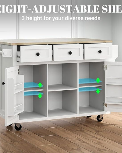 Rolling Kitchen Island with Drop Leaf Rolling Mobile Kitchen Island with Storage 53in Wood Portable Island for Kitchen,with Drawer and Storage Cabinet, Spice Rack, Towel Rack, White - LeafyLoom