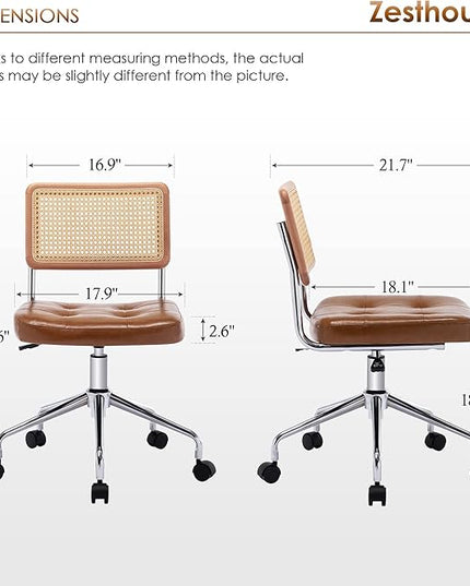 Zesthouse Mid Century Home Office Chair Leather Desk Chair with Rattan Back, Vanity Chair for Girls Women, Upholstered Swivel Chair, Adjustable Height Computer Task Chair - LeafyLoom