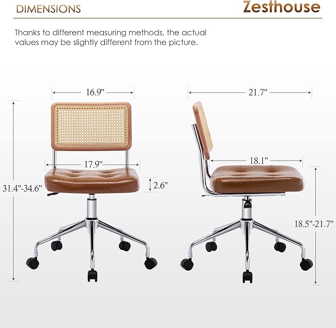 Zesthouse Mid Century Home Office Chair Leather Desk Chair with Rattan Back, Vanity Chair for Girls Women, Upholstered Swivel Chair, Adjustable Height Computer Task Chair - LeafyLoom