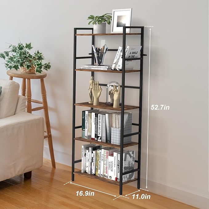 CADUKE 5 Tier Industrial Bookshelf Tall Bookcase with Storage Book Shelf Stand Wood and Metal Book Shelves for Office Brown Bookcase Shelf for Bedroom Kids Room - LeafyLoom