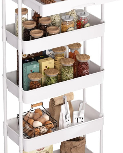 5-Tier Rolling Utility Cart，Trolley with Drawer, Multifunctional Storage Organizer with Plastic Shelf & Metal Wheels, Storage Cart for Living Room, Kitchen, Office, Bathroom, White - LeafyLoom
