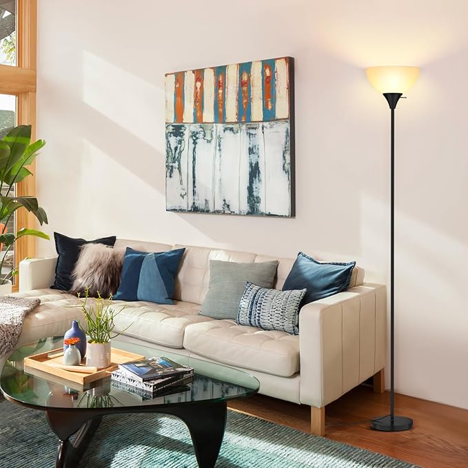 Floor Lamp, LED Standing Lamps with White Plastic Shade, Black Modern Torchiere Floor Lamp, Tall Lamps for Living Room Dorm, Bulb not Included - LeafyLoom