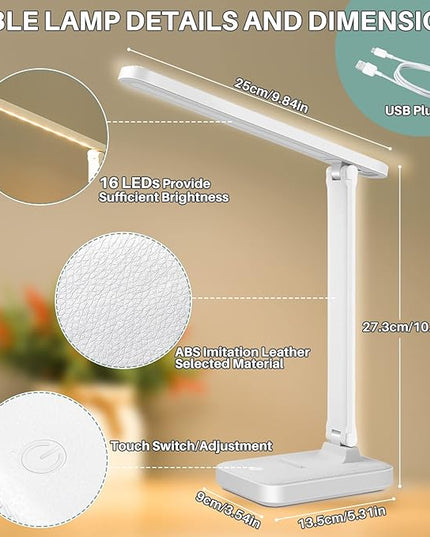 LED Desk Lamp with Touch Control for Reading, No Flicker, 3 Color Modes, Foldable for Table and Eye Caring for Office, Home, Dormitory, USB Interface DC5V 1A - LeafyLoom