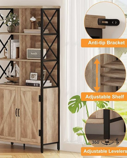 FATORRI Bookshelf with Doors, Rustic Tall Bookshelf with Cabinet, Industrial Farmhouse Book Shelf and Cube Organizer Bookcase for Living Room (Rustic Oak) - LeafyLoom