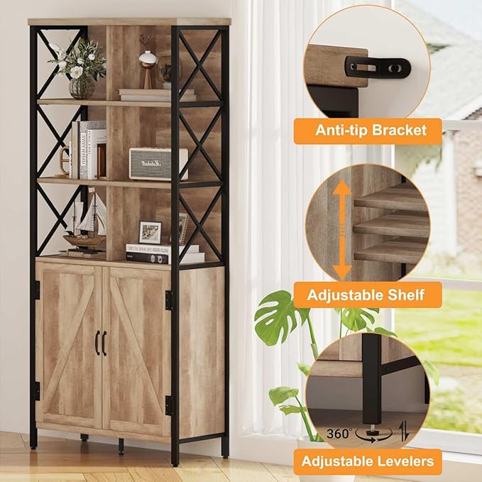 FATORRI Bookshelf with Doors, Rustic Tall Bookshelf with Cabinet, Industrial Farmhouse Book Shelf and Cube Organizer Bookcase for Living Room (Rustic Oak) - LeafyLoom