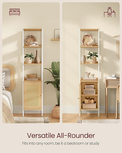 VASAGLE 6-Tier Bookcase, Bookshelf with Rattan-Like Door, Boho Style, Freestanding 15.7-Inch Wide Storage Shelf, Metal Frame, Adjustable Shelf, for Living Room, Oak Beige and Pearl White ULLS122W57 - LeafyLoom