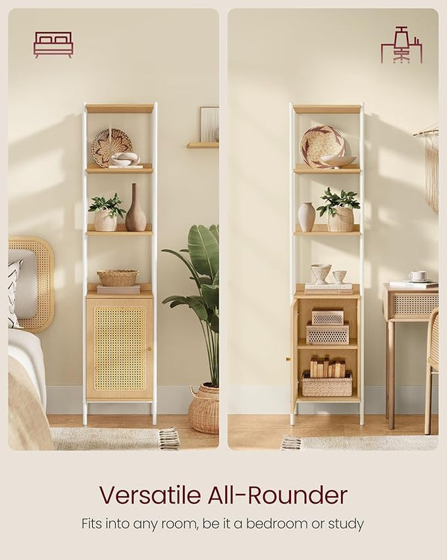 VASAGLE 6-Tier Bookcase, Bookshelf with Rattan-Like Door, Boho Style, Freestanding 15.7-Inch Wide Storage Shelf, Metal Frame, Adjustable Shelf, for Living Room, Oak Beige and Pearl White ULLS122W57 - LeafyLoom