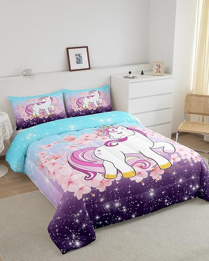 Unicorn Comforter Set King, Kids Unicorn Floral Bedding for Girls Boys Children Bedroom Decor, Cherry Blossoms Glitter Down Comforter Galaxy Kawaii Quilt Set with 1 Pillowcase, Blue Purple Ombre - LeafyLoom