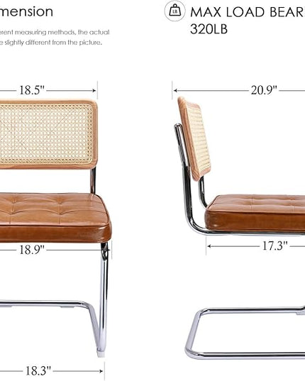 Zesthouse Mid-Century Modern Dining Chairs 4 Pcs, Accent Rattan Kitchen Chairs, Armless Mesh Back Cane Upholstered Leather Chairs with Metal Chrome Legs, Brown - LeafyLoom