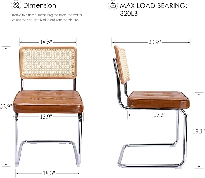Zesthouse Mid-Century Modern Dining Chairs, Upholstered Tufted Faux Leather Accent Chairs Rattan Dining Chairs Set of 2, Armless Mesh Back Cane Chairs with Metal Chrome Legs, Brown - LeafyLoom